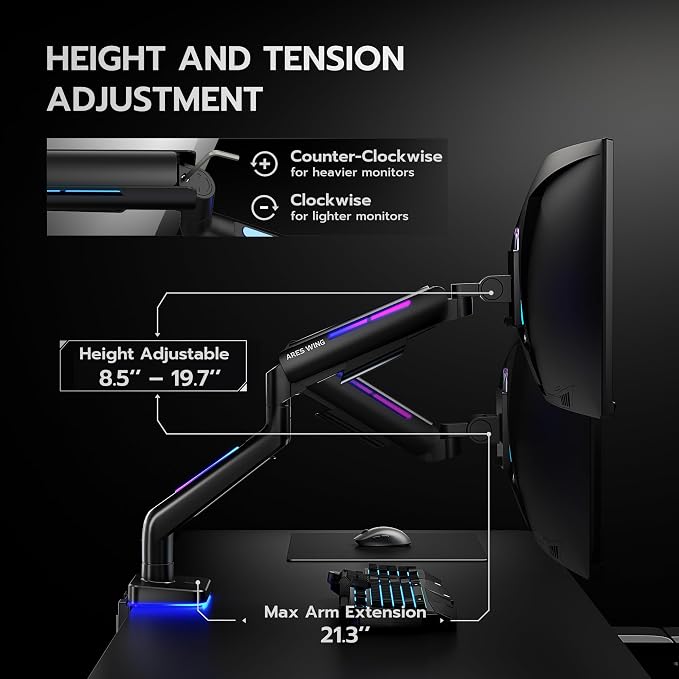 ARES WING Ultrawide Monitor arm with RGB for 17-49 Inch Screen, Black | Heavy Duty Gas Spring Single Monitor Arm, Adjustable Gaming Computer Monitor Arm for Desk up to 44lbs - Image 6