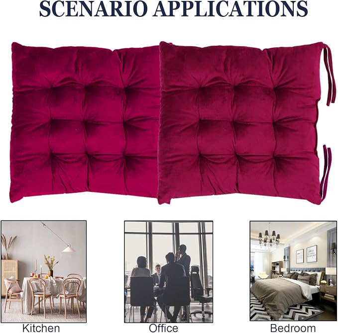 2 Pack Square Seat Cushion Chair Pads for Kitchen Dining Chairs, Soft Comfort Velvet Chair Mat Pillow Cushions with Ties for Office Desk Living Room Tatami 15.5", Burgundy - Image 5