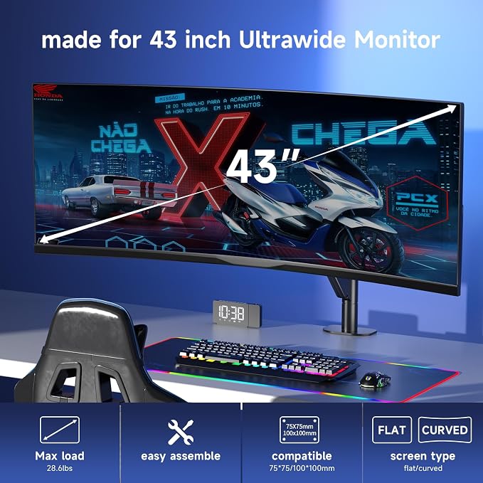 Pholiten Heavy Duty Monitor Arm for up to 43" | Adjustable Gas Spring Arm, Ultrawide Monitor Mount, Clamp/Grommet Mounting Base - Image 2