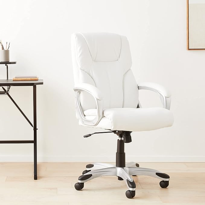 Amazon Basics Executive High Back Office Desk Chair, Adjustable Height, Tilt, Swivel, 275lb Capacity, Bonded Leather, White/Pewter - Image 2