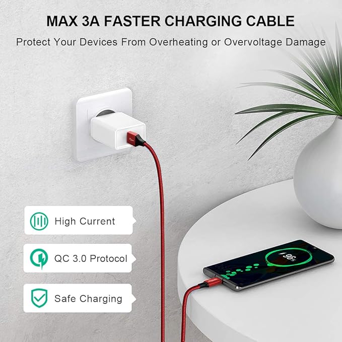 etguuds Long USB A to USB C Cable 10ft, 2-Pack Fast Charging Type C Charger | for iPhone 17 16 15 Pro Max Plus Air 16e, Samsung Galaxy S26 S25 S24 S23 S22 S21 S20 S10 A17 A16 A15 A26 A36 A56, Red - Image 3