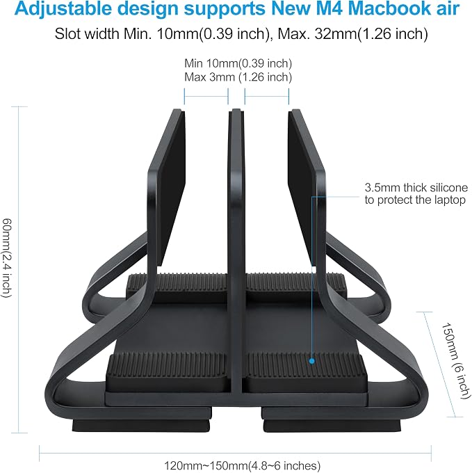 Aluminum Dual Vertical Laptop Stand Dock Holder, Supports 2 Devices, Adjustable Slot Width 15-36mm, Space-Saving Upright Storage for MacBook and Laptops - Image 4