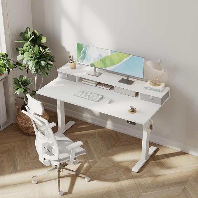 Klicelor 63 x24 Inch Electric Standing Desk with Drawers, Adjustable Height Small Sit Stand Desk for Home Office, Compact Computer Workstation with Storage– White - Image 2