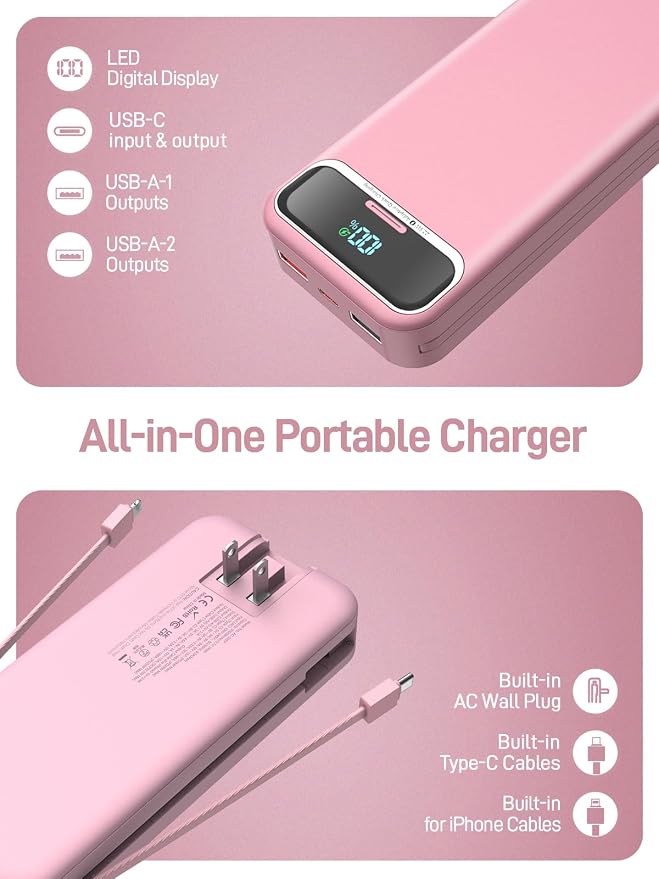 Nusyddy Portable Charger 20000mAh Fast Charging w/Built-in Wall Plug Pink | 22.5W Fast Charging, High Capacity, LED Display, Charge 5 Devices at once, TSA Approved, Compatible with iPhone/Samsung - Image 3