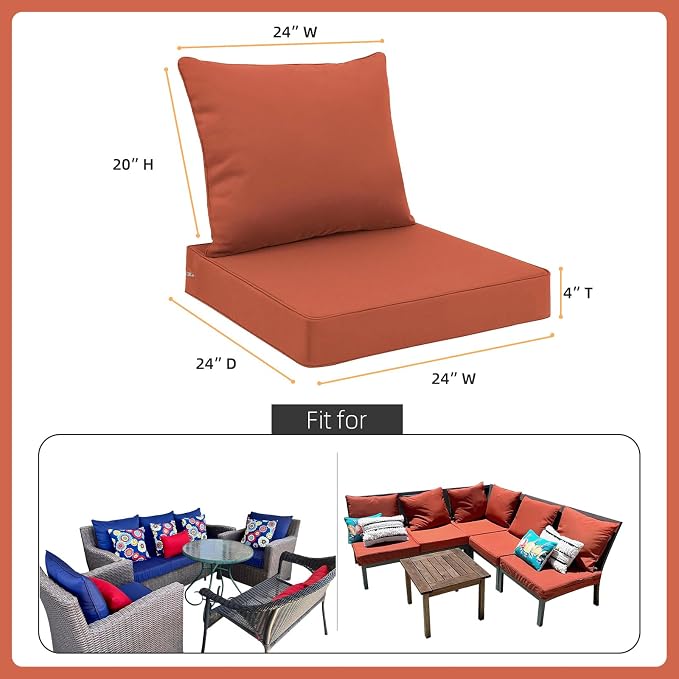 Favoyard Outdoor Patio Seat Cushions Set, 24 x 24 Inch, Waterproof, Red | Fade-Resistant, Removable Cover, Deep Seat & Back Cushion, Tie Straps for Patio Furniture, Garden, Rocking Chair, Sofa Couch - Image 2