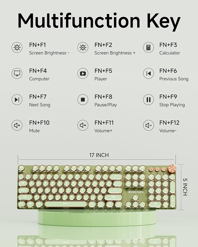 EWEADN V20 Typewriter Keyboard Wireless, 104 Keys Typewriter Style Mechanical with White Backlit, Media Knob, Pink Switch 2.4G/Bluetooth/USB-A Wired Retro Full Size Keyboard for Windows/Mac/PC-Green - Image 8