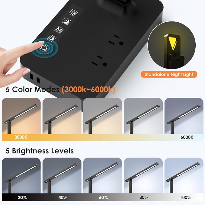 Infiway Desk Lamp with USB Charging Port: LED Desk Lamps for Home Office - 1 USB-A, 1 Type-C Charging Port, 2 AC Power Outlets, Touch Control Dimmable 5 Color 5 Brightness, Night Light(Black) - Image 5