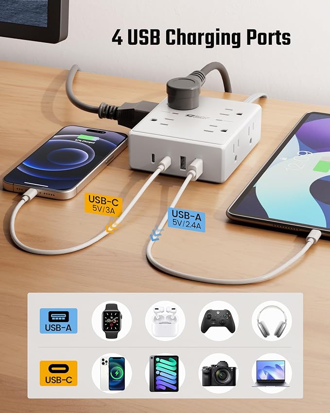 SUPERDANNY Extension Cord,Flat Plug Surge Protector Power Strip,15Ft | 8 AC & 4 USB Ports (2 USB C),Surge Protector with 1050J,Desk Charging Station for Home Office,College Dorm Room Essentials - Image 6