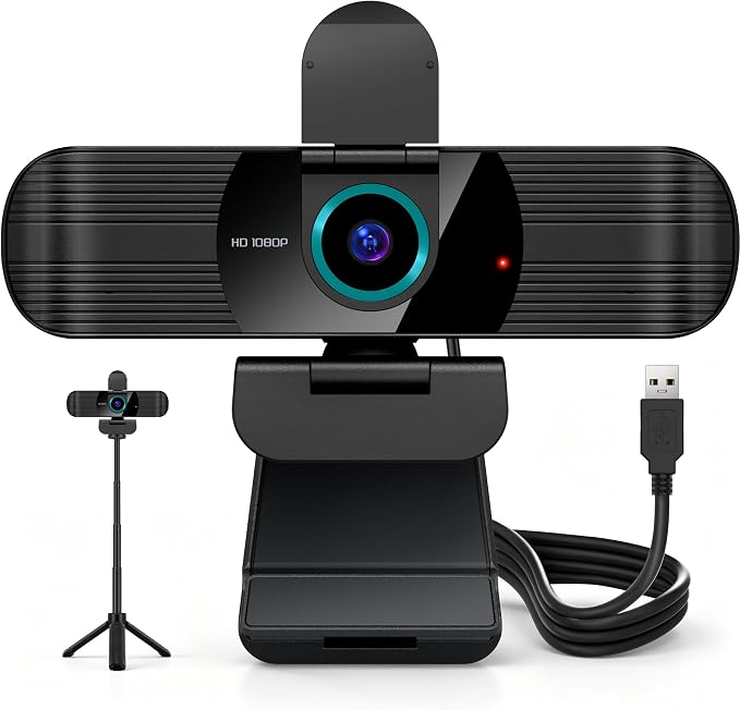 Pro HD 1080p/30fps Webcam with Tripod, External USB Camera for PC/Laptop | Dual noise-cancelling mics | Auto-focus | Wide-angle | Low-light correction | 360° rotation | CMOS sensor | Plug and Play by RUWBY