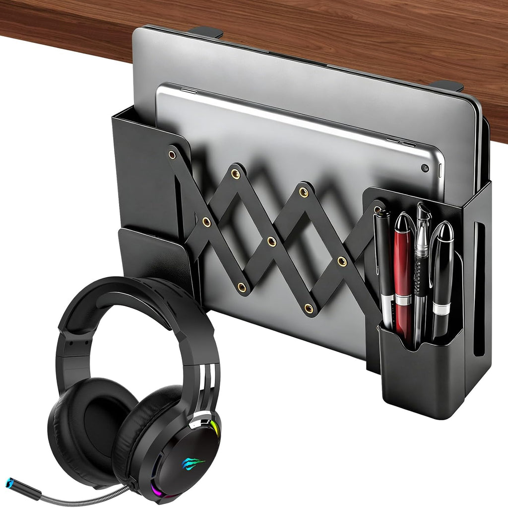 Desk Side Storage，Under Desk Clamp-on Vertical Laptop Holder,7-17 Inch Length Adjustable with Pen & Headphone Holder,No Drill Storage Shelf for Desk，Fits Table Edge 0.4" to 2.3"(Black) by IUSEIT