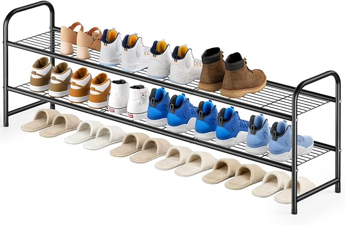 KEETDY 2-Tier Long Shoe Rack for Closet Metal Shoe Organizer for Entryway, Wide Stackable Shoe Storage Shelf with Sturdy Wire Grid for Closet Floor, Bedroom, Black by KEETDY