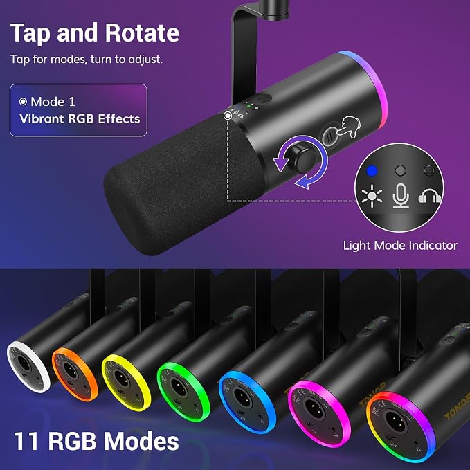 TONOR Dynamic Gaming Microphone XLR/USB Mic with AI Noise Cancellation | Desktop Stand Set, RGB, Tap Mute, 3.5mm Jack, Gain Control, Microfono for Content Creators, Black, TD510 AIR S - Image 4