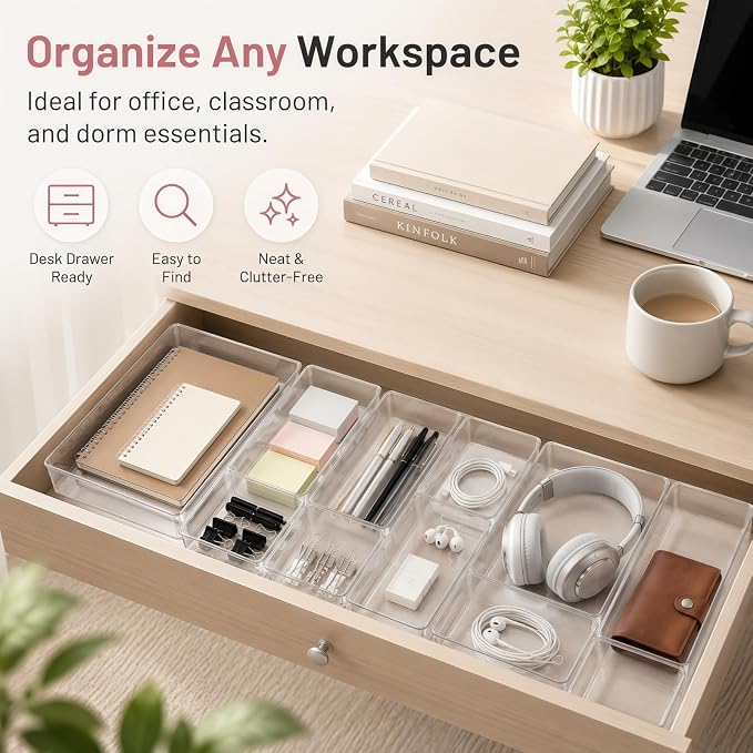 8 Pack Large Clear Plastic Drawer Organizer Bins - Acrylic Bathroom Drawer Organizer Trays - Heavy Duty Kitchen Drawer Dividers for Utensils - Non-Slip Storage Bins for Makeup, Bedroom, Office Desk - Image 7