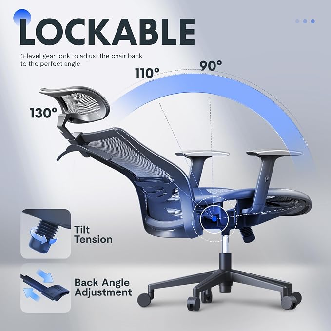 FLEXISPOT Ergonomic Office Chair, High Back Mesh Swivel Computer Chair, Executive Office Desk Chairs, with Adjustable Lumbar Support/2D Headrest/Lockable Backrest, OC3 Air, Gray - Image 7