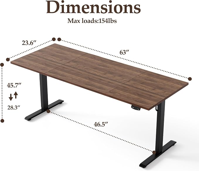 Klicelor 63 Inch Large Electric Standing Desk, Height Adjustable Office Desk, Sit Stand Up Computer Gaming Desk with Memory Preset, Three-Piece Desktop, Dark Walnut - Image 3