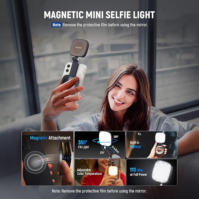 NEEWER BASICS Magnetic Selfie Light Compatible with MagSafe iPhone,CRI95 700lx/0.3m Folding LED Phone Fill Ring Lighting with Mirror for Zoom Makeup Photography Recording Video Conference, Black NL48B - Image 3
