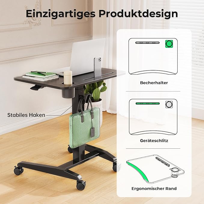 27" Mobile Rolling Standing Desk with Lockable Wheels, Black | Small Laptop Cart Height Adjustable with Cup Holder, Slot, Hook, Portable Pneumatic Teacher Rising Workstation for Classroom - Image 4