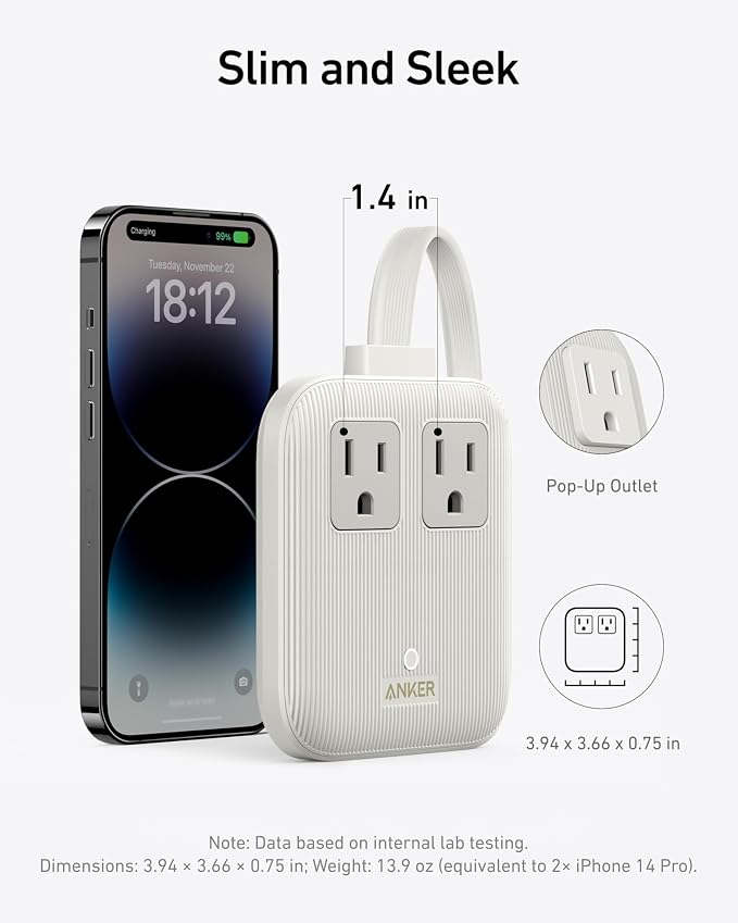 Anker Travel Power Strip, Anker Nano 67W Max 6-in-1 USB C Charger, 2 USB C | 2 AC, 2 USB A, 5ft Thin Undetachable Flat Plug Extension Cord with Multiple Outlets, Travel Essentials, Cruise Essentials - Image 3