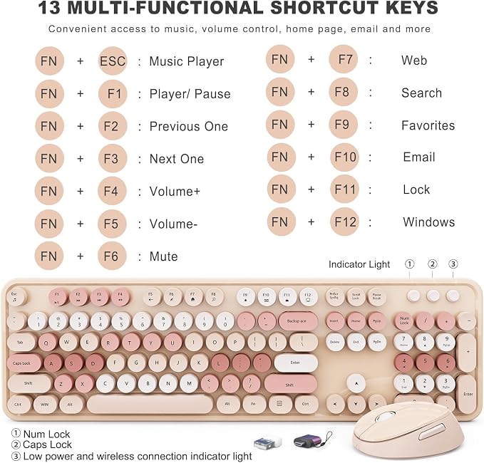 Wireless Keyboard and Mouse Combo, Ergonomic Full Size Typewriter Retro Round Keycaps Keyboard, Compatible with Windows, PC, Perfer for Home and Office Keyboards (Chocolate Color) - Image 4