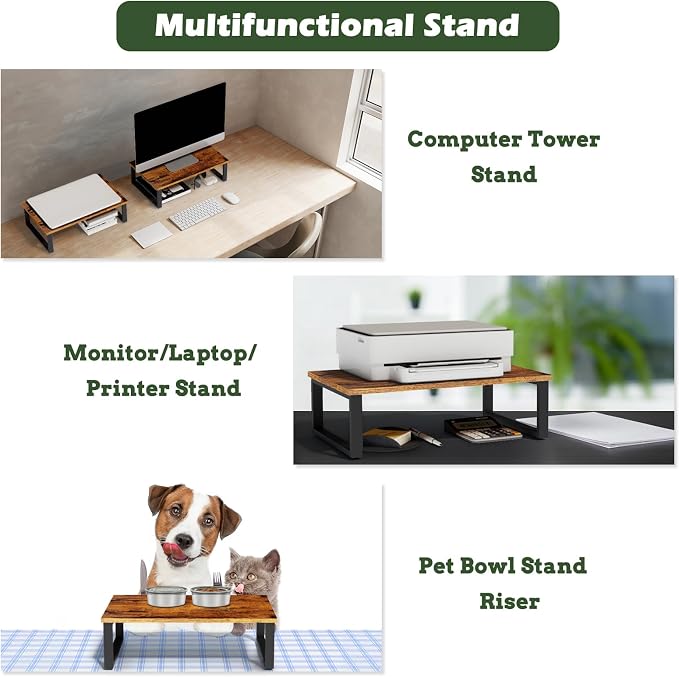 Wood Monitor Stand Riser, 2 Pack Desktop Laptop Riser for Dual Monitors & Printer, Engineered Wood Ergonomic Desktop Riser for Office PC Laptop, Rustic Brown - Image 4