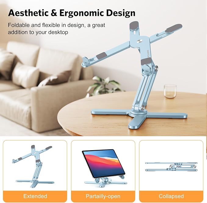 OMOTON LA10 360° Rotating Laptop Stand Riser Foldable for Desk, Sky Blue | Aluminium Aolly, Adjustable Height Angles, Collaborative Work, Easy Storage, Fits Laptops up to 17", for MacBook Pro/Air HP - Image 3