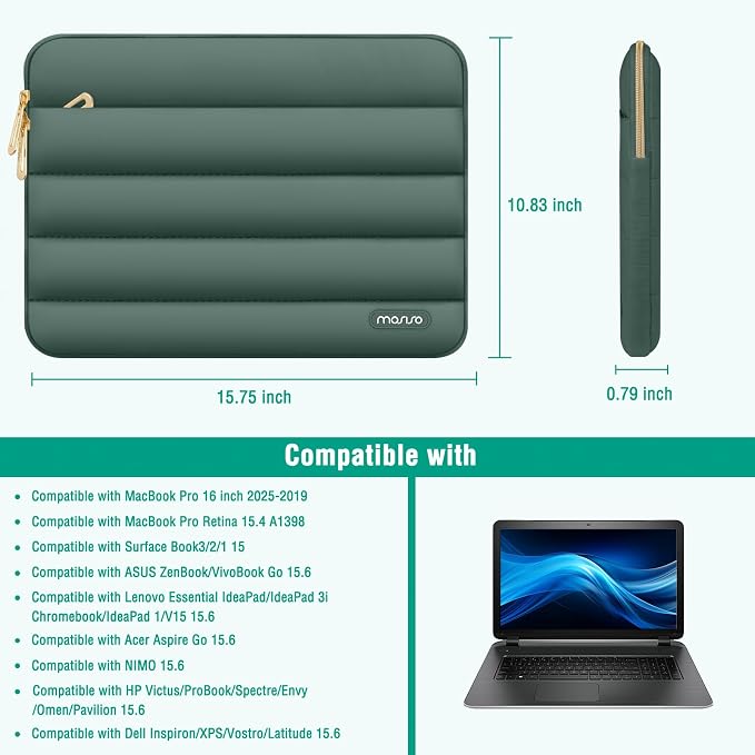 MOSISO Laptop Case 16 inch, 15-15.6 inch Puffy Laptop Sleeve Carrying Case | Compatible with MacBook Pro 16, HP Dell ASUS Acer Toshiba Lenovo, Polyester Horizontal Bag with Small Case, Emerald Green - Image 9