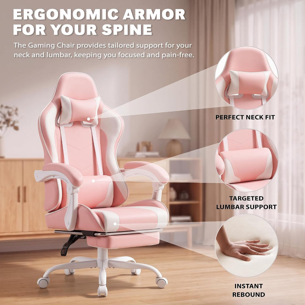 Homall Gaming Chair, Ergonomic, Footrest & Massage Lumbar Support, Pink - Image 4