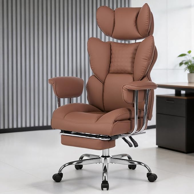DUMOS Big and Tall Home Office Desk Chair, Executive Chair with Footrest | Scratch-Resistant PU Leather, Ergonomic Reclining, Pocket Spring Support, 400 LBS Weight Capacity, Brown - Image 8