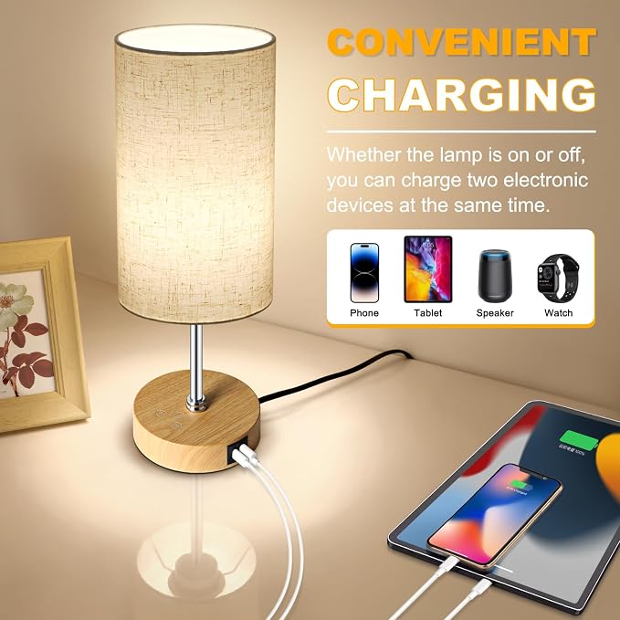 Small Table Lamp, 3CCT & 7 RGB Color Changing, Dimmable Nightstand Lamp with Wood Grain Base, Touch Bedsides Lamp for Bedroom, Office, Kids Room, Nursery, Party, Beige Shade - Image 7
