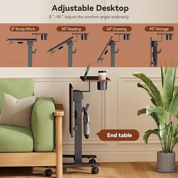 28" Mobile Standing Desk, Tiltable Top with 2-Tier Shelves, Walnut | Pneumatic Rolling Desk, Adjustable Height Computer Workstation, Sit Stand Portable Drafting Table & Laptop Cart on Wheels - Image 4
