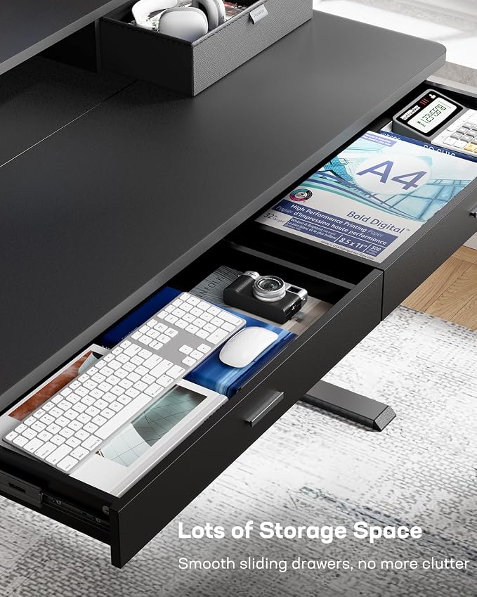 HUANUO 48 x 30 inch Electric Standing Desk with 2 Wood Drawers, Adjustable Height Sit Stand Desk for Home Office, Ergonomic Stand up Desk with 4 Memory Presets, 176 lbs Capacity, Black Top - Image 6