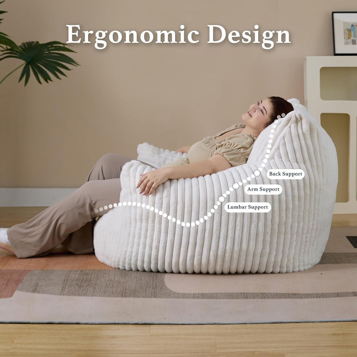 Giant Plush Bean Bag Chair for Adults with Armrests - Oversized Comfy Beige Beanbag Lounge Lazy Floor Sofa Accent Chair for Living Room, Bedroom & Dorm, Cozy Fluffy Single Cloud Mini Couch - Image 5