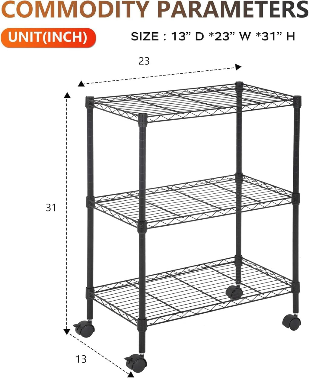 BestOffice | 3-Tier Wire Shelf with Wheels | 23" x 13" x 31" | Black - Image 3