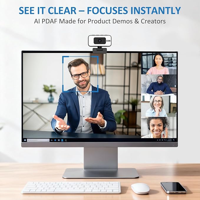 4K Webcam for PC, AutoFocus Webcam with Light for Desktop Computer | Web Camera with Microphone, FOV 80°, USB Plug and Play, Laptop Web Cam for Live Streaming, Online Teaching, Meetings - Image 3
