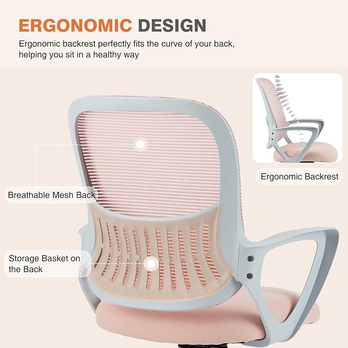 Sweetcrispy Ergonomic Home Office Desk Chair, Managerial Executive Chair | Mid-Back, Comfortable Armrests and Lumbar Support, 360° Rolling Wheels, Bedroom Study Room, Pink - Image 3