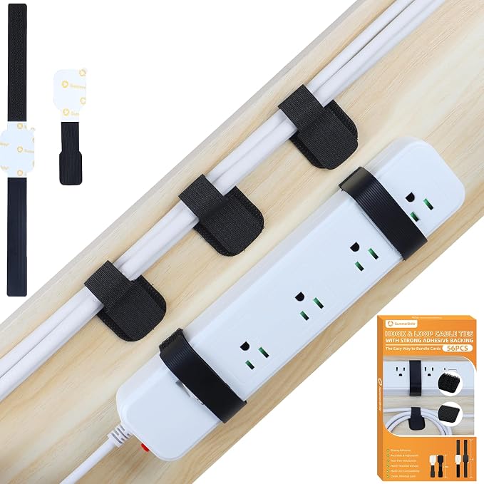 SummerBrite 56-Pack Self Adhesive Cable Straps, Heavy Duty Hook & Loop Ties with Strong Sticky Backing, Reusable Under Desk Cable Management Wire Organizers for Home Office PC, Black by Summerbrite