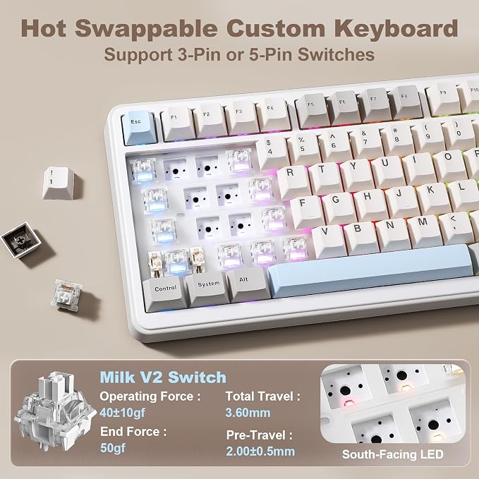 YUNZII B75 PRO MAX 75% Mechanical Keyboard (Beige,Milk Switch) | QMK/VIA, Wireless Keyboard with Screen and Knob, Custom Hot Swap, Gasket Mount, Creamy Switches, RGB for Gaming/Win/Mac - Image 5