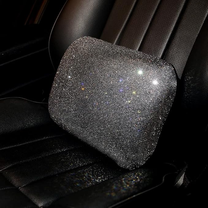 Carwales Lumbar Support Pillow Summer Decorative for Car Soft Bling Accessories Sparkly Diamond Rhinestone for Women Girls, Universal Office Chair Lower Back Cushion Rubber Black - Image 2