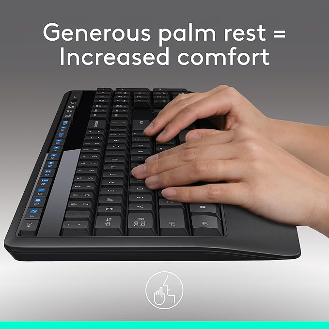 Logitech MK345 Full Size Wireless Keyboard and Mouse Combo - Black | Full size keyboard with integrated palm rest, compact right handed mouse, connect via single included USB-A Nano Receiver - Image 2