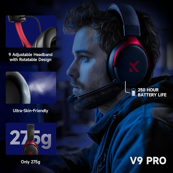 MCHOSE V9 PRO Wireless Gaming Headset 7.1 Surround Sound for PS5 PS4 PC SWITCH TOPSPEED Gaming Headphones, Noise Canceling Mic, 250Hr Battery, Low 15ms Latency, Lightweight, BT 5.3 FPS Games Black&Red - Image 8