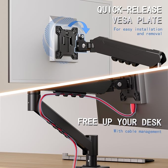 Monitor Arm Desk Mount, Mechanical Spring, 17-32 Inch, VESA 75/100 | Mechanical spring monitor arm supports 4.4-19.8 lbs and VESA 75x75/100x100; C-clamp and grommet bases fit more desk setups. - Image 7