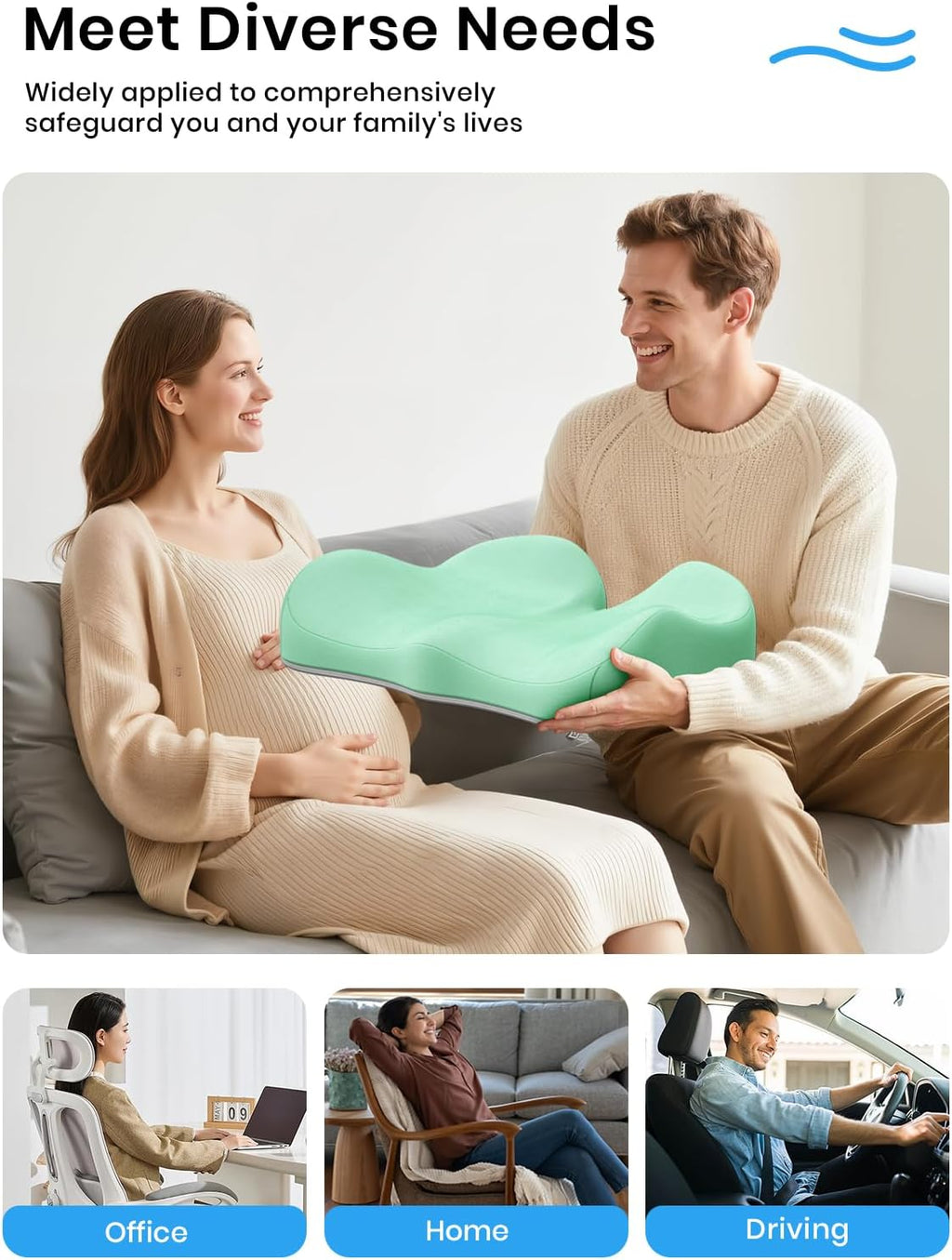 Benazcap Seat Cushion - Memory Foam Car Seat Pad - Sciatica & Lower Back Pain Relief - Car Seat Cushions for Driving - Road Trip Essentials for Drivers, Green - Image 8