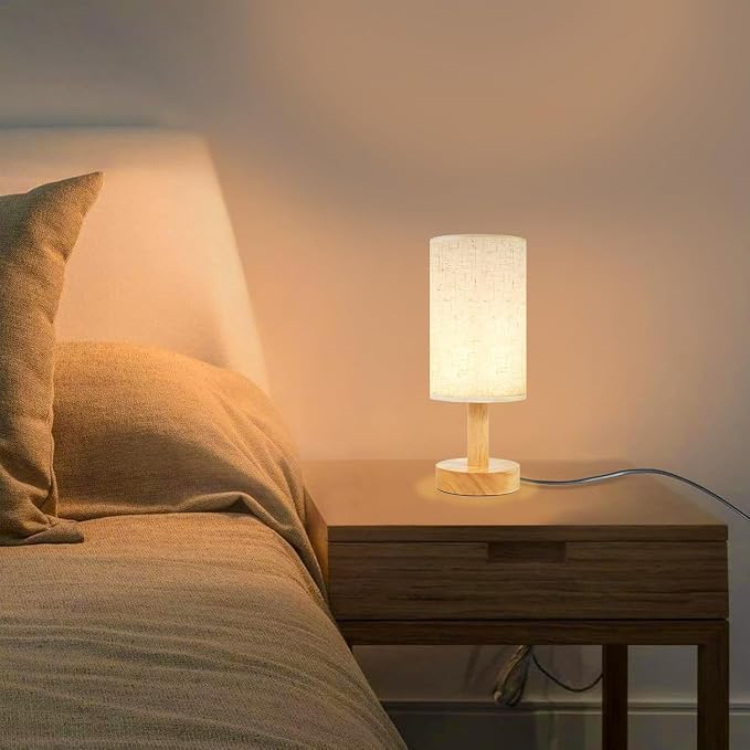 Small Bedside Table Lamps for Bedroom Set of 2,Natural Round Wood Base&Fabric Linen Shade,Cozy Night Light for Study Reading,Minimalist Boho Desk Lamp for Nightstand,Living Room,Nursery,Kitchen,Dorm - Image 2