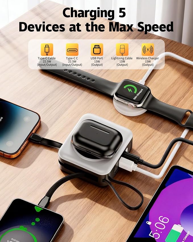 for Magsafe Portable Charger with Built-in Cables and AC Wall Plug, 10000mAh Magnetic Wireless Power Bank 22.5W Type-C in & Out Fast Charging Battery Pack for iPhone 17/16/15/14/13/12 Series, White - Image 4