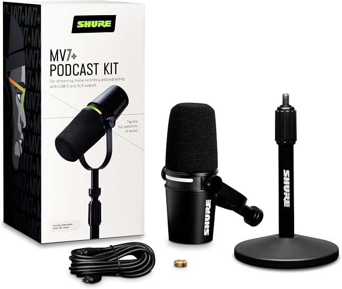 Shure MV7+ USB-C & XLR Podcast Dynamic Mic with Stand - Black | OBS-certified USB-C and XLR dynamic mic with stand, LED touch panel, auto level and pop filter for podcasting - Image 2