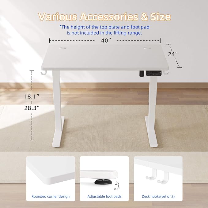YIHAYO Low Height Adjustable Desk, Lifts 18.1-28.3 Inches, Electric Standing Desk for Short People, 40 x 24 Inches Computer Table with Splice Board for Home Office, White - Image 3