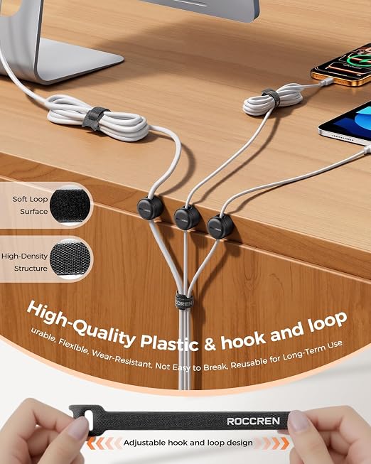 Rocoren 50‑Pack Rotatable Cable Clips & Cord Straps Cable Management Kit | 10 Magnetic Clips & 40 Reusable Hook and Loop Cord Straps, Cord Holder Accessories for Under Desk, Nightstand, Home & Office - Image 6