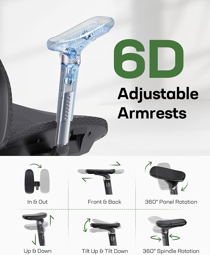 Marsail Big and Tall Mesh Ergonomic Office Chair with 6D Armrests, 10 Pack | 6-level lumbar support, sliding seat depth, high-elastic mesh seat, 3D headrest, 8-position recline, adjustable seat height - Image 5
