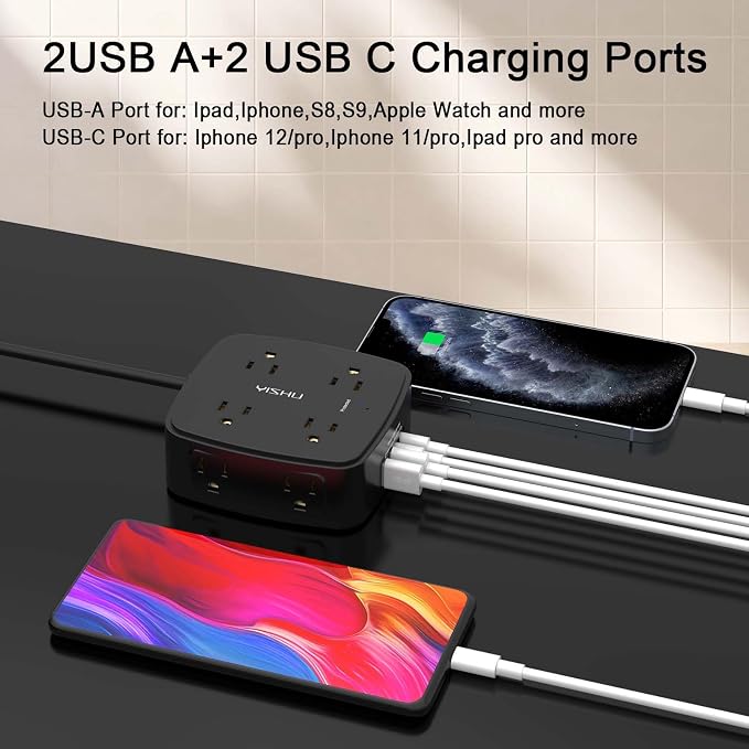 5Ft Surge Protector Power Strip - 8 Widely Outlets with 4 USB Ports, 3 Side Outlet Extender with 5 Feet Extension Cord, Flat Plug, Wall Mount, Desk USB Charging Station, ETL,Black - Image 3