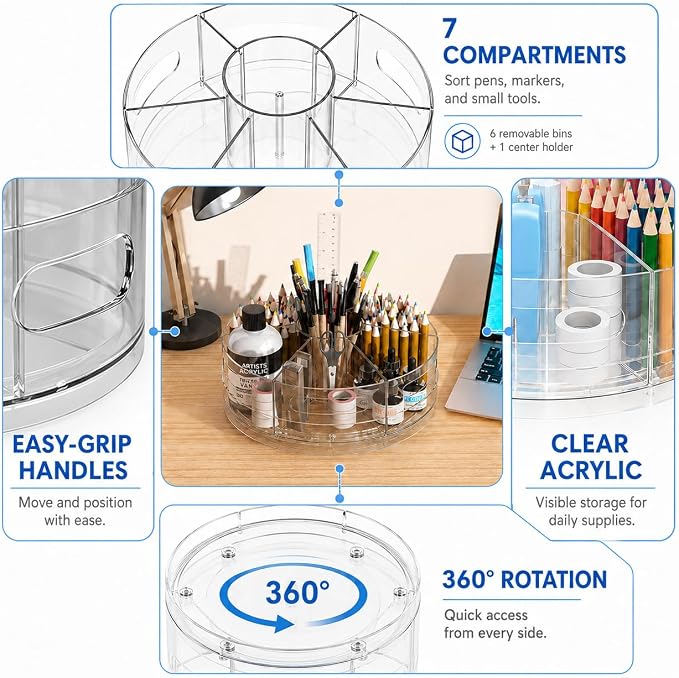 CraftGenes Clear Rotating Organizer, Acrylic Pen Holder, Marker Organizer | Pen organizer for desk and art supply organizer with 7 removable sections for markers, pencils, brushes, and office supplies. - Image 6